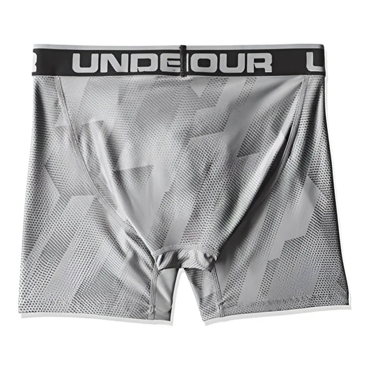 Under armour original 6in boxerjock boxer briefs in printed grey with geometric pattern and black waistband size xs