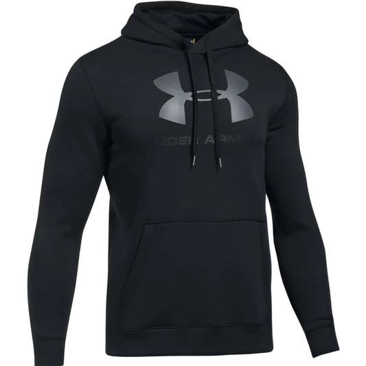 Under armour rival fitted graphic hoodie in black with gray logo and drawstrings size m for athletic wear
