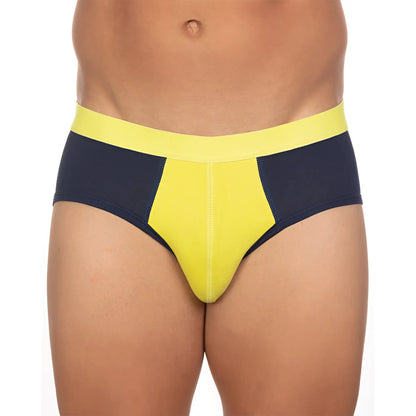 Undergear basix stan two-tone bright yellow and navy blue athletic briefs with bold color-block design in s and 2xl