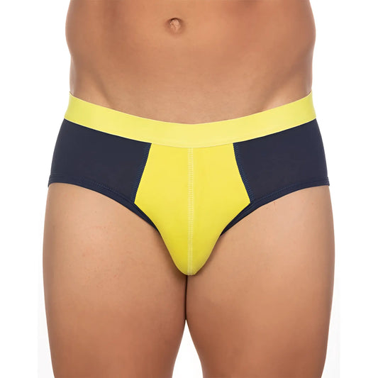 Undergear basix stan two-tone bright yellow and navy blue athletic briefs with bold color-block design in s and 2xl