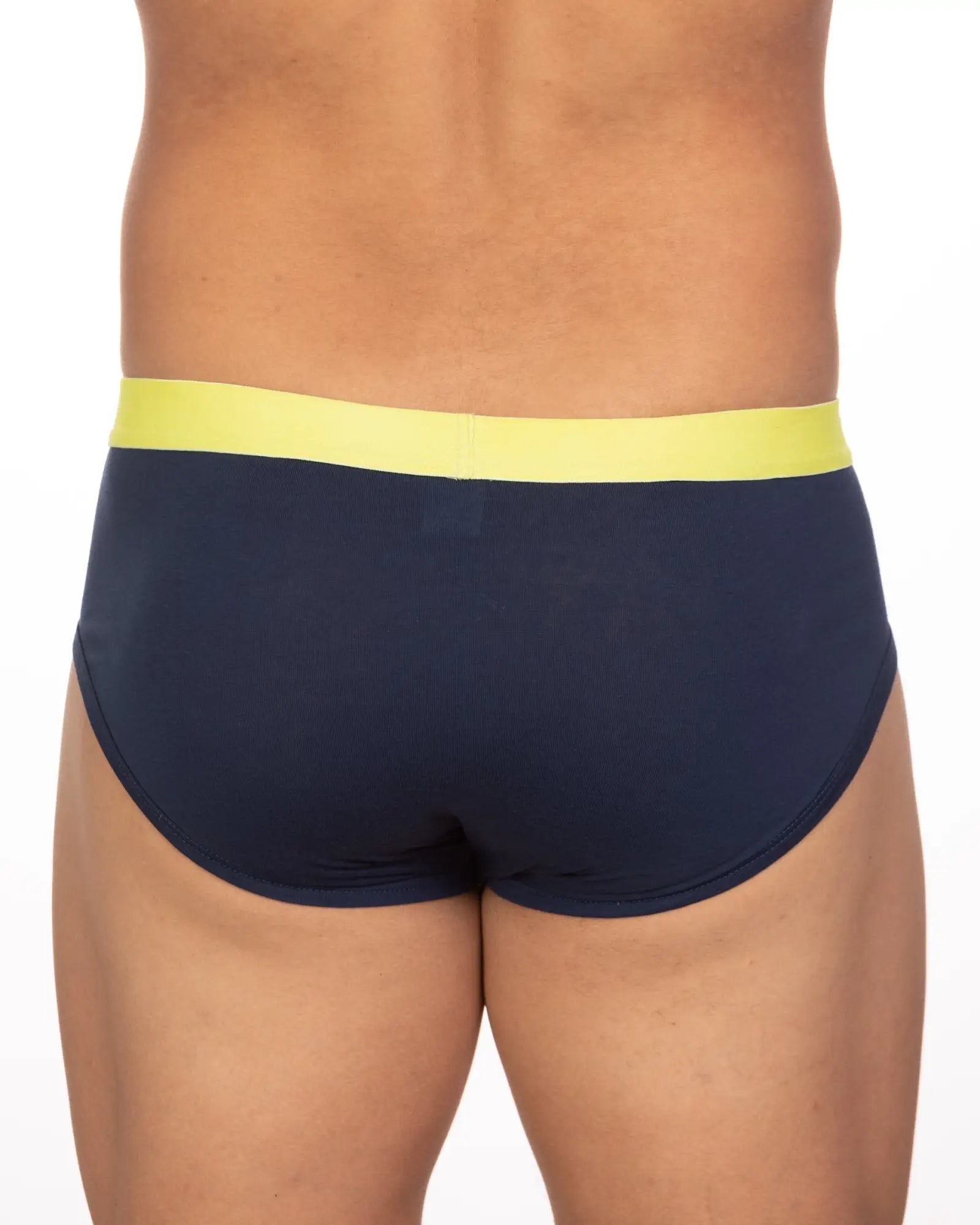 Undergear Basix Stan two-tone brief in navy blue with bright yellow elastic waistband in size S and 2XL