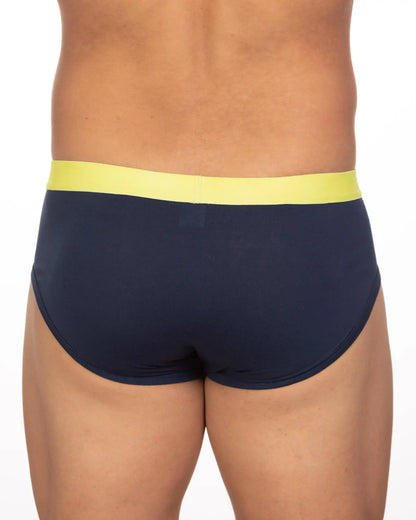 Undergear Basix Stan two-tone brief in navy blue with bright yellow elastic waistband in size S and 2XL