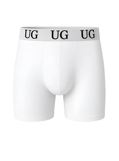 White undergear cotton trunk boxer briefs with gray waistband and black ug lettering on front side