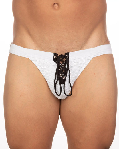 White textured knit undergear fizx mark solid lace-up briefs with black laces and metal eyelets