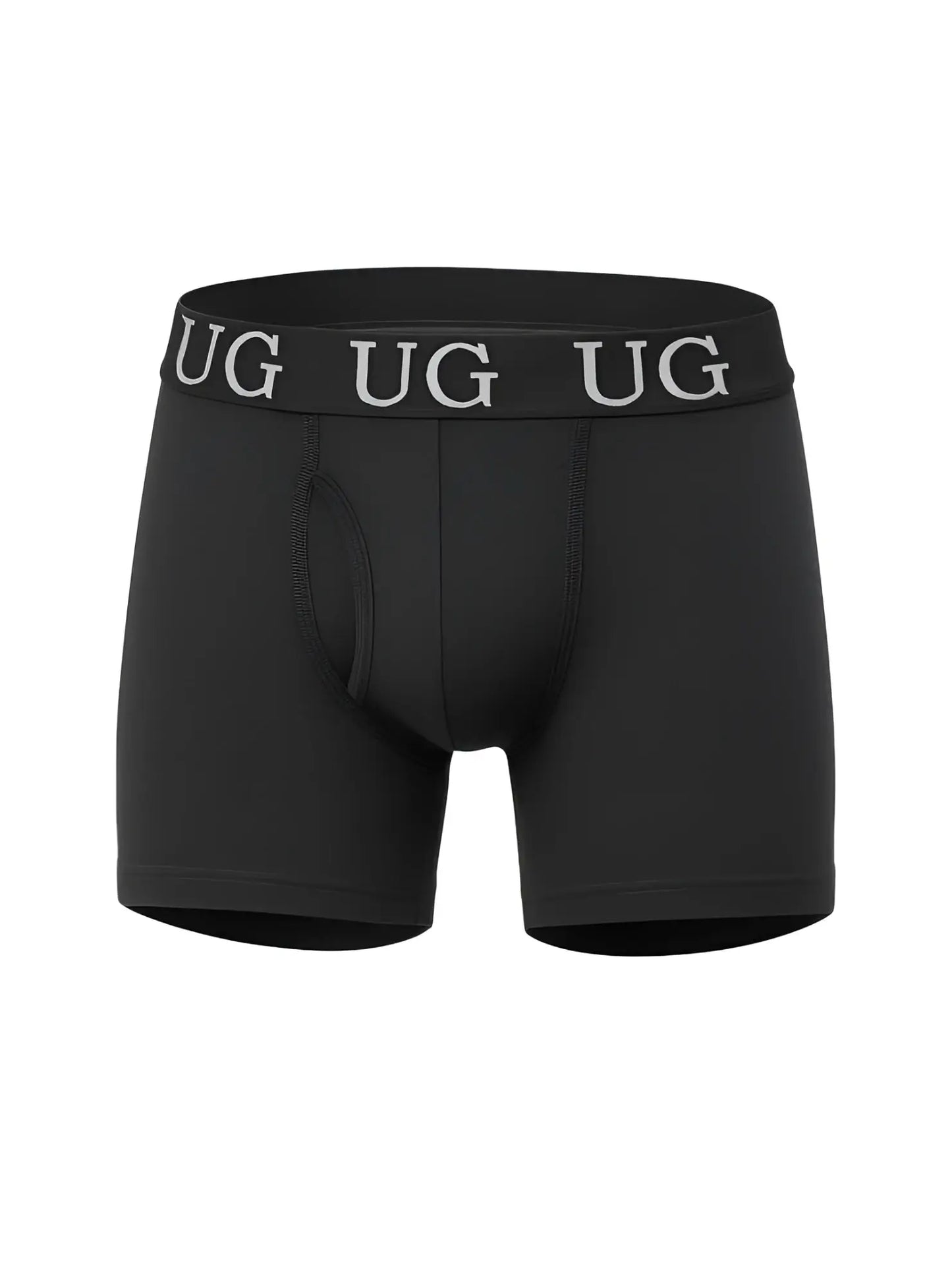 Black undergear fly front cotton boxer brief with gray ug logo band and breathable soft fabric design