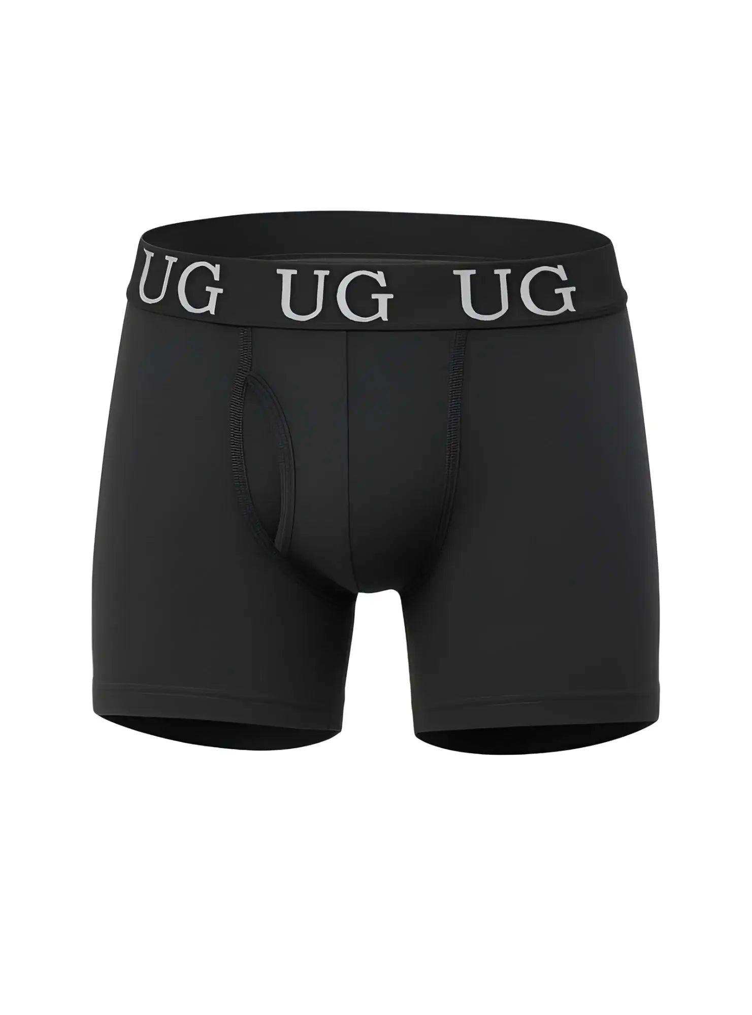 Black undergear fly front cotton boxer brief with gray ug logo band and breathable soft fabric design