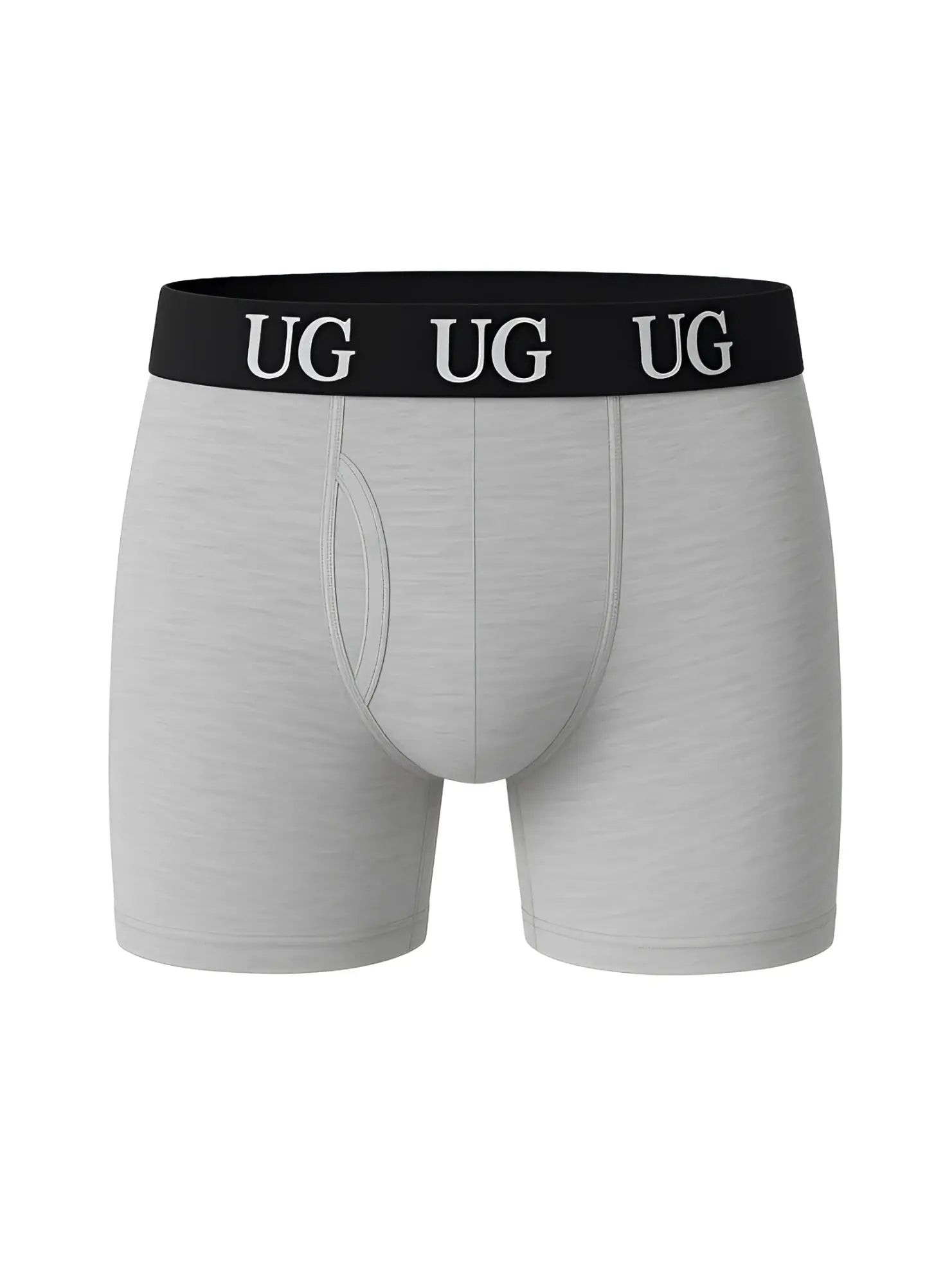 Gray undergear fly front cotton men’s boxer briefs with black waistband and white ug branding