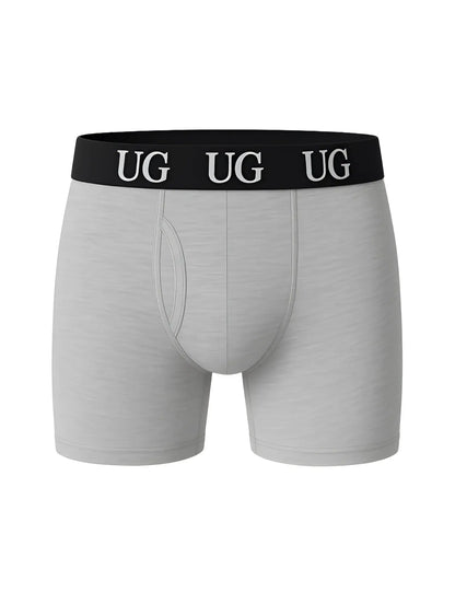 Gray undergear fly front cotton men’s boxer briefs with black waistband and white ug branding