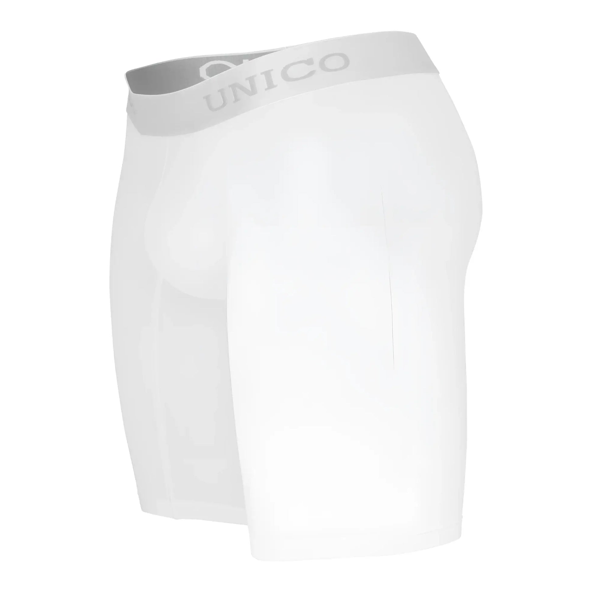 White unico boxer briefs with gray waistband featuring brand name made from cristalino microfiber