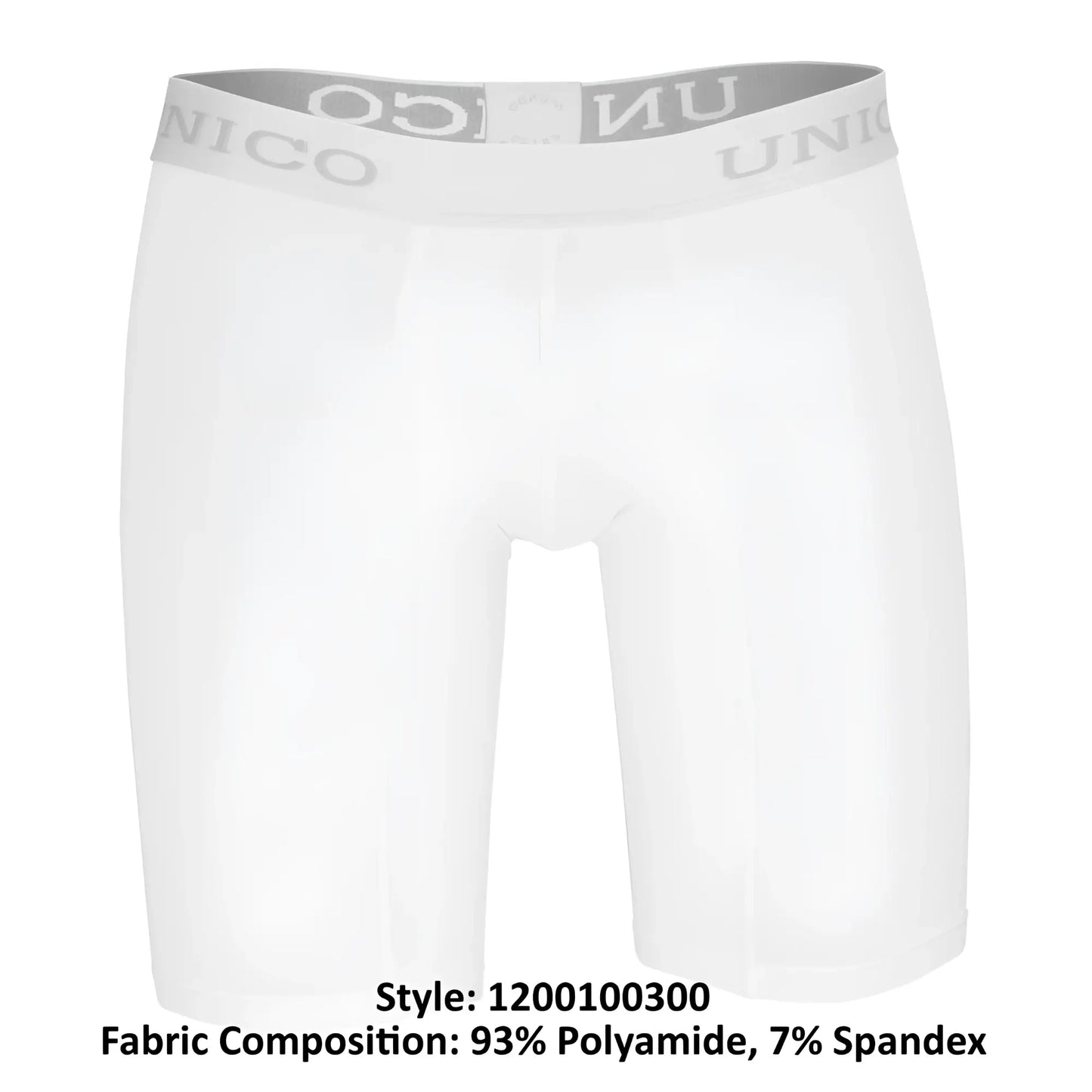White unico men’s boxer briefs cristalino microfiber with gray elastic waistband featuring brand name lettering