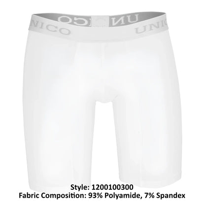 White unico men’s boxer briefs cristalino microfiber with gray elastic waistband featuring brand name lettering