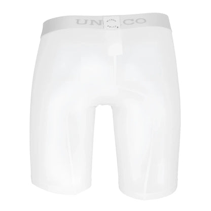 White uniqlo unico 1200100300 cristalino microfiber boxer briefs with gray waistband and brand logo on front side