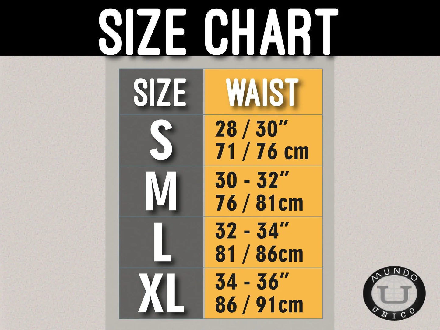 Size chart for mundo unico unico 1200100300 cristalino microfiber white boxer briefs showing waist sizes s to xl in inches and cm