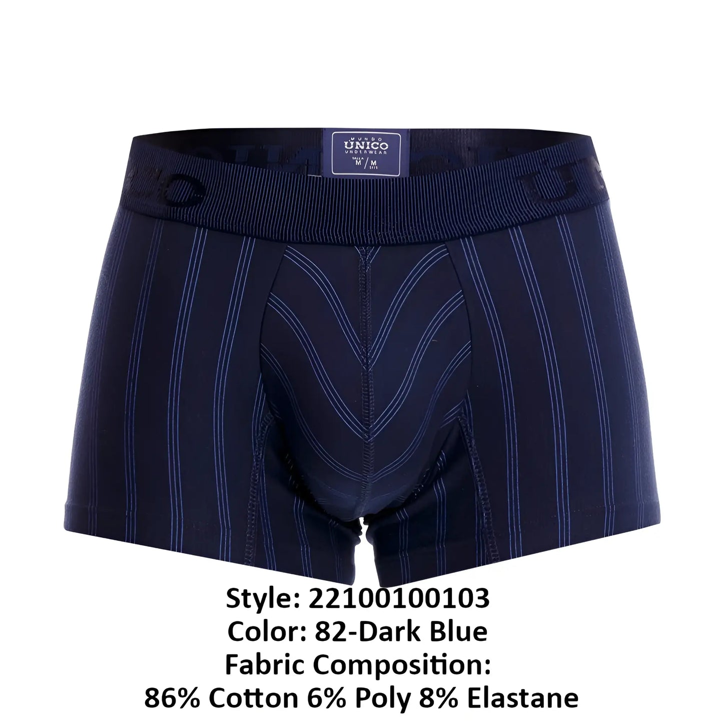 Dark blue unico 22100100103 senda trunks men’s boxer briefs with subtle vertical pinstripes and ribbed waistband