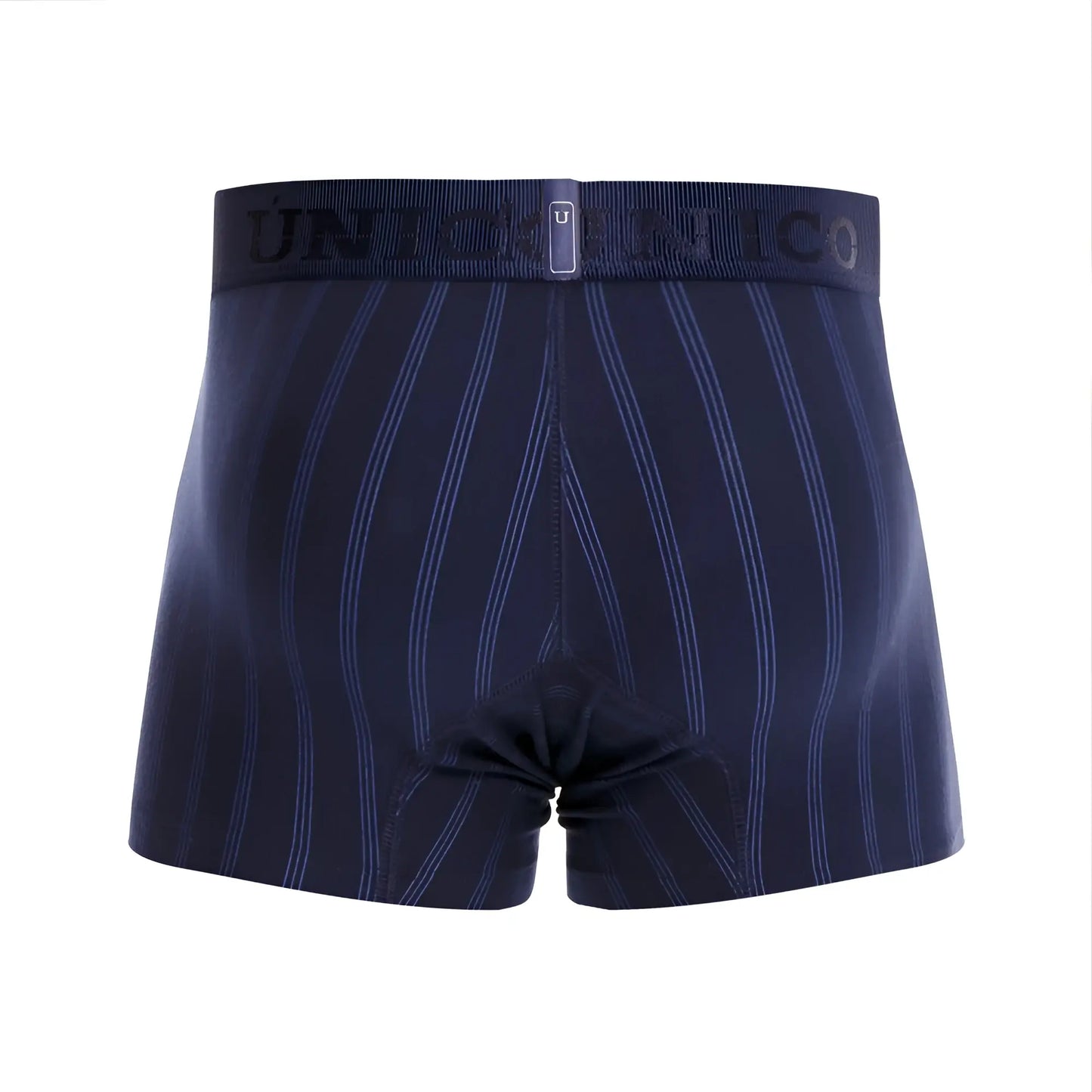 Navy blue Unico Senda trunks boxer briefs with subtle vertical pinstripes and a branded elastic waistband