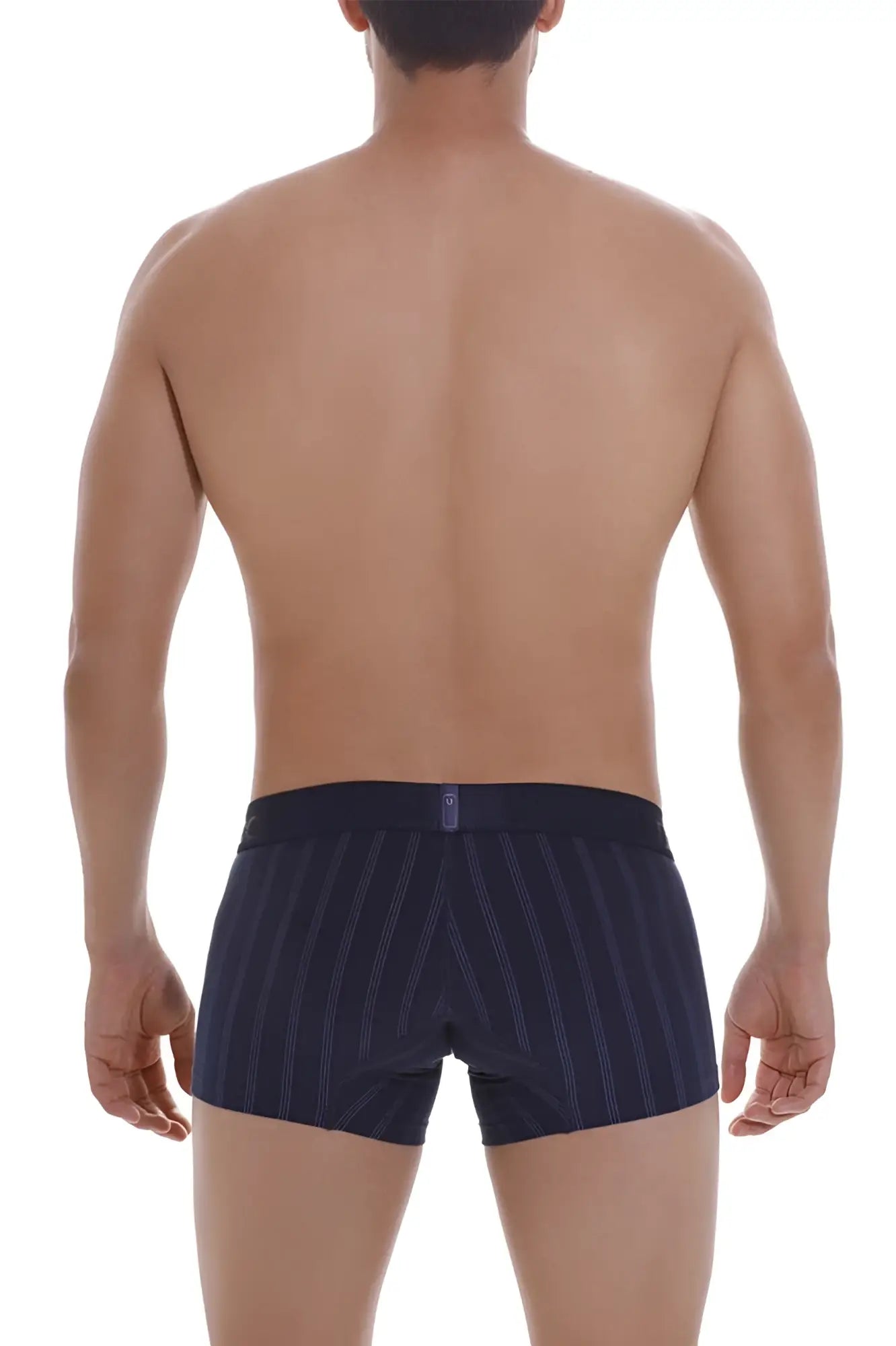 Navy blue striped boxer briefs with subtle pinstripe pattern and branded waistband tag by unico model 22100100103