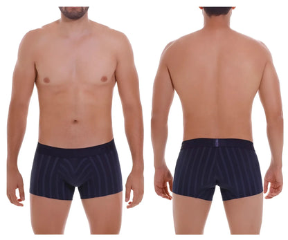 Navy blue striped boxer briefs with subtle geometric pattern and elastic waistband unico 22100100103 senda trunks