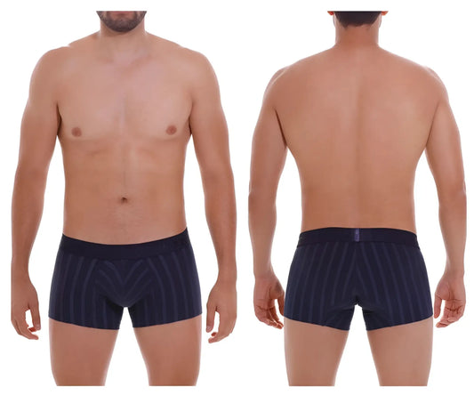 Navy blue striped boxer briefs with subtle geometric pattern and elastic waistband unico 22100100103 senda trunks