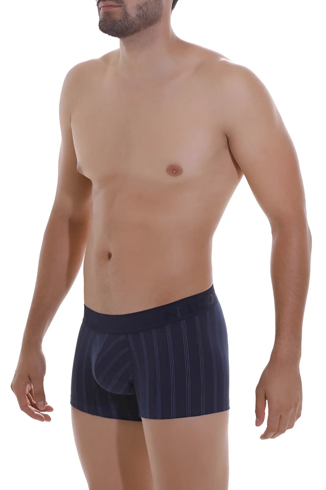 Navy blue striped men’s boxer briefs with contoured pouch and elastic waistband unico 22100100103 senda trunks