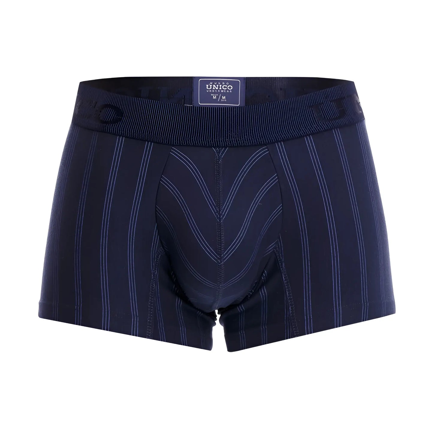 Navy blue Unico 22100100103 Senda trunks with white pinstripe and reinforced stitching men’s boxer briefs