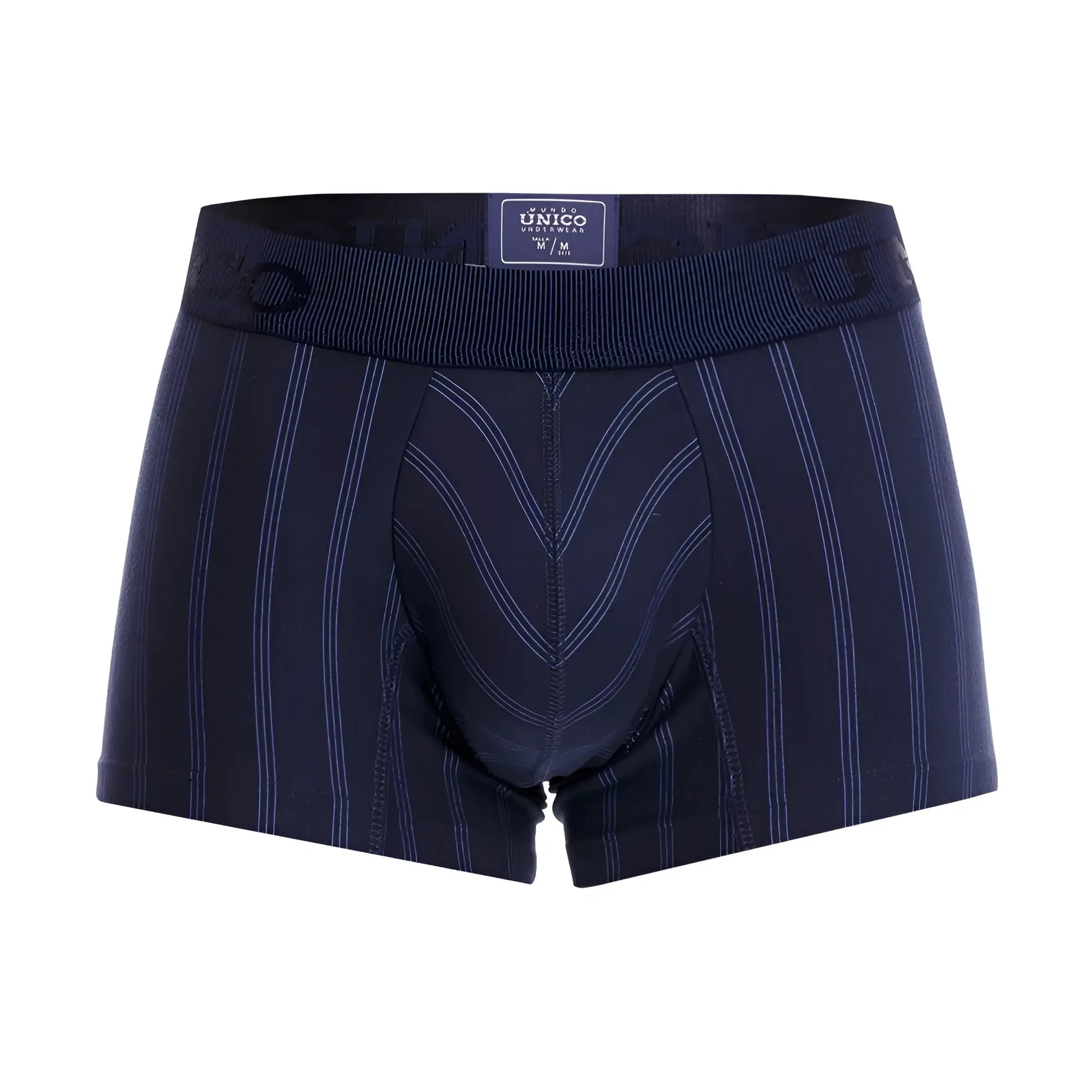 Navy blue Unico 22100100103 Senda trunks with white pinstripe and reinforced stitching men’s boxer briefs