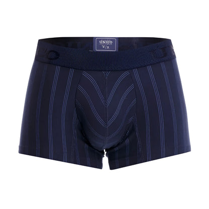 Navy blue Unico 22100100103 Senda trunks with white pinstripe and reinforced stitching men’s boxer briefs