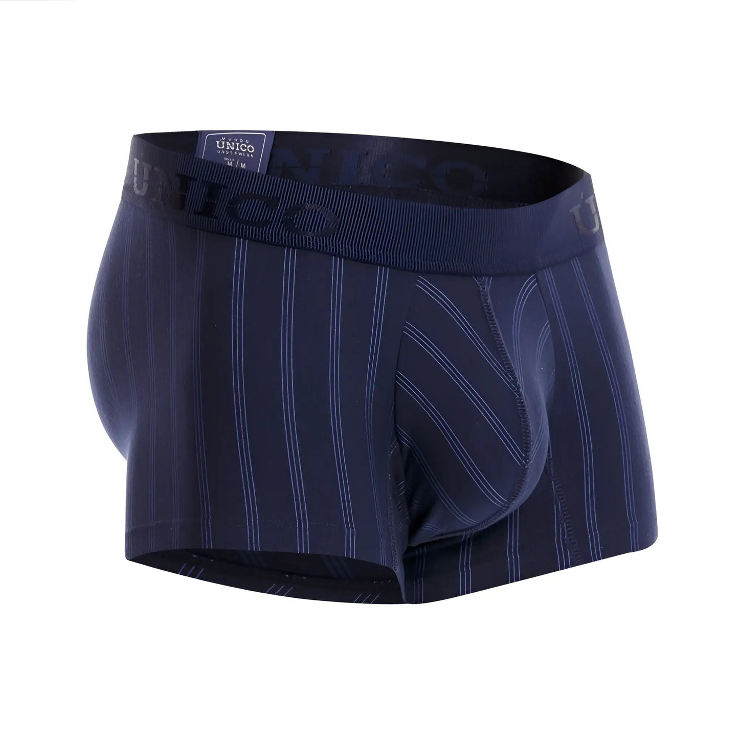 Dark blue pinstripe boxer briefs with subtle white stripes and an elastic waistband featuring unico brand label