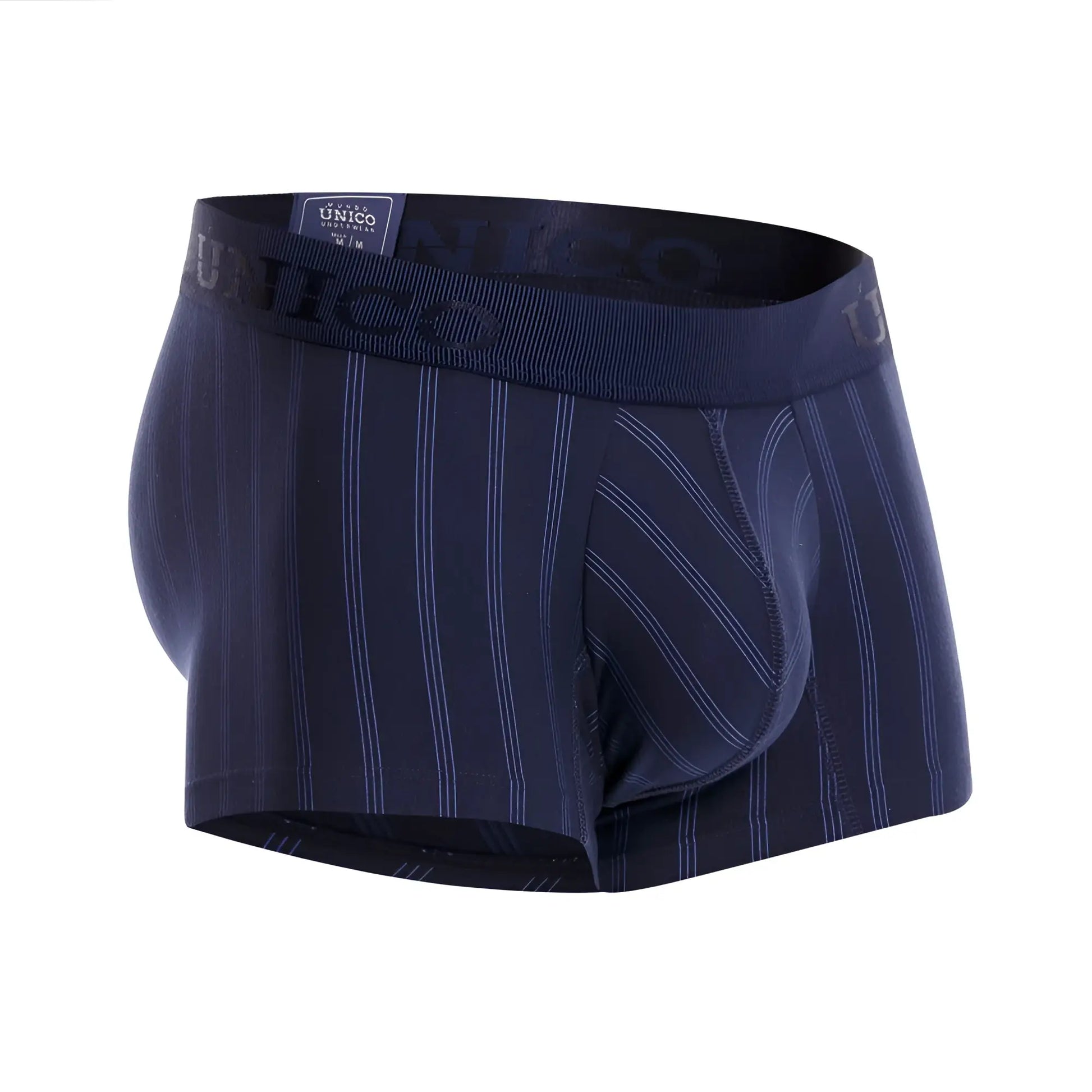 Dark blue pinstripe boxer briefs with subtle white stripes and an elastic waistband featuring unico brand label