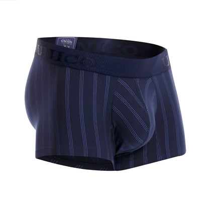 Dark blue pinstripe boxer briefs with subtle white stripes and an elastic waistband featuring unico brand label