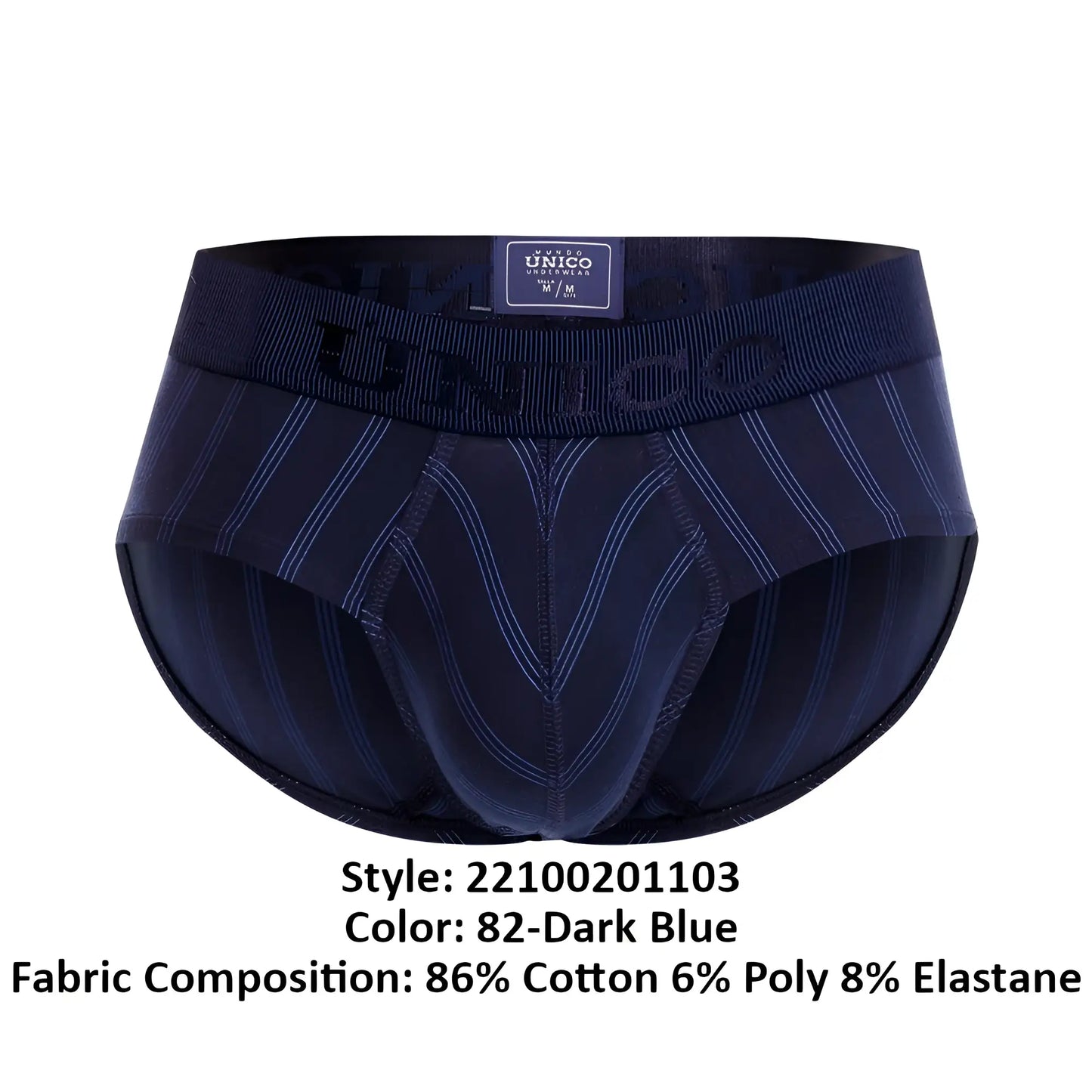 Dark blue men’s briefs with subtle vertical pinstripes and ribbed waistband featuring unico brand label
