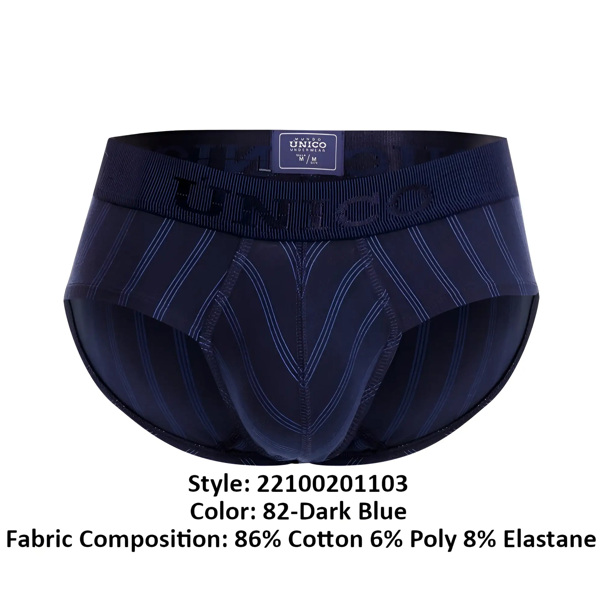 Dark blue men’s briefs with subtle vertical pinstripes and ribbed waistband featuring unico brand label