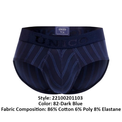Dark blue men’s briefs with subtle vertical pinstripes and ribbed waistband featuring unico brand label