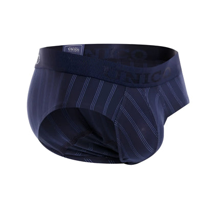 Navy blue pinstripe Unico Senda briefs with ribbed elastic waistband and subtle white vertical stripes in dark blue