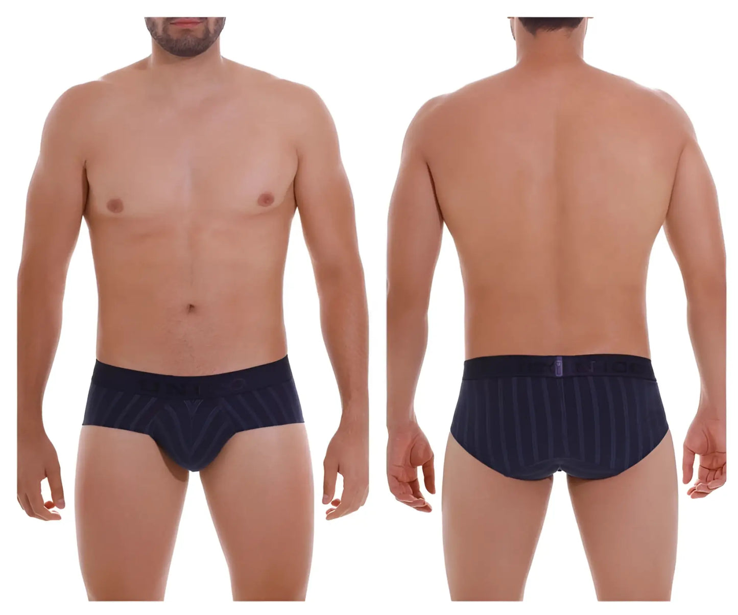 Navy blue pinstripe Unico Senda briefs with textured pattern and elastic waistband in color 82 dark blue