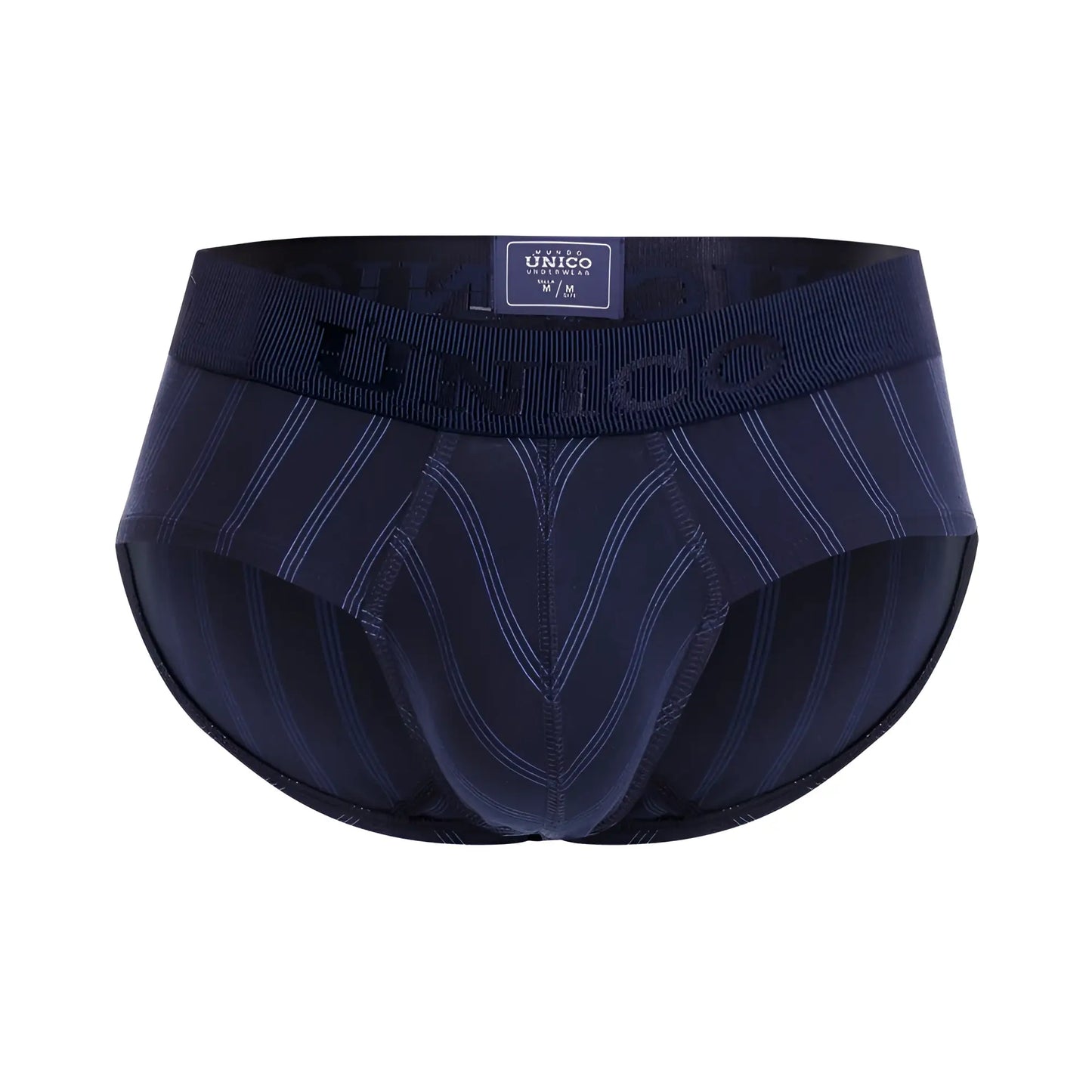 Navy blue unico 22100201103 senda briefs with white pinstripes and ribbed elastic waistband for comfortable wear