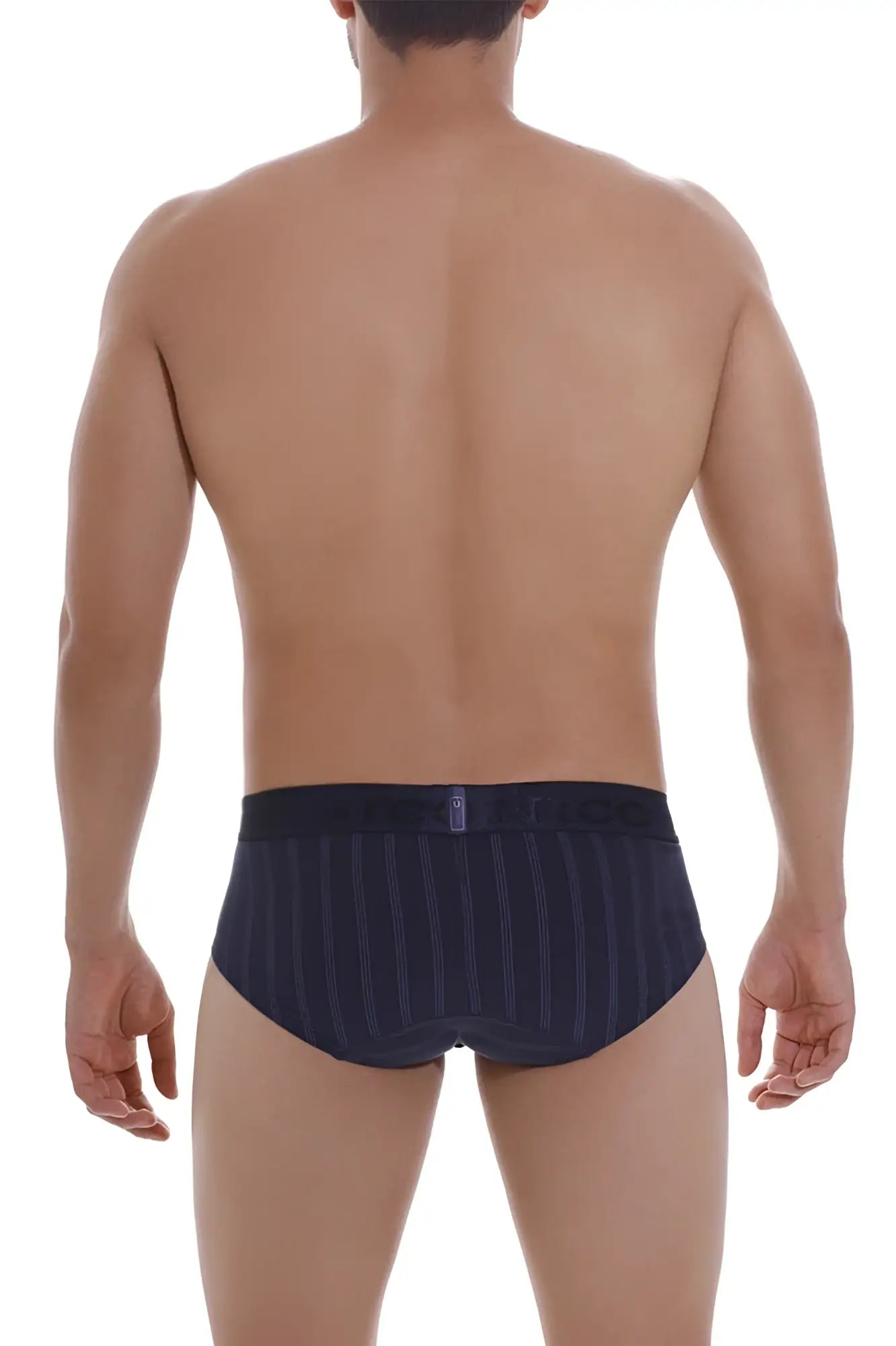 Unico senda briefs in dark navy blue with subtle vertical pinstripe and matching elastic waistband
