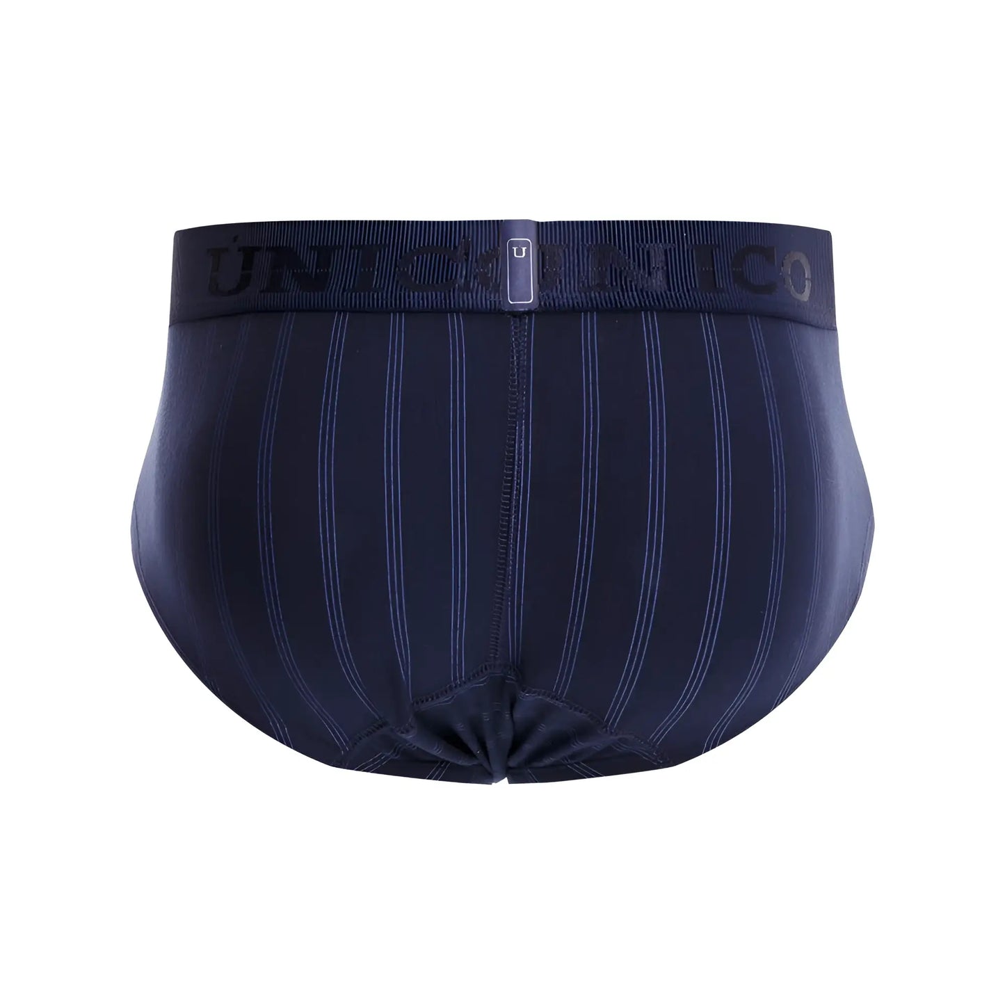 Navy blue striped Unico Senda briefs with white pinstripes and elastic waistband branded uniformico color 82 dark blue