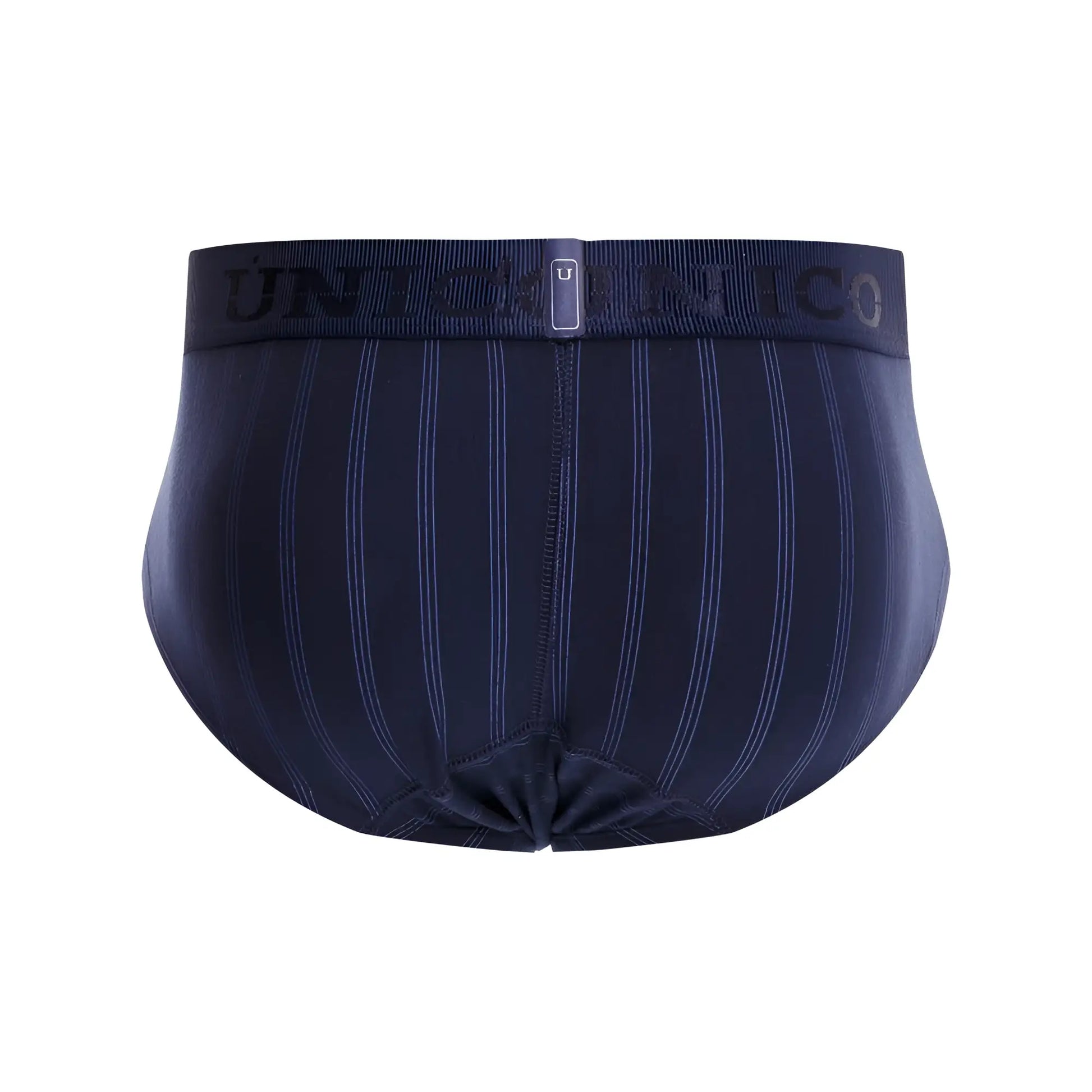 Navy blue striped Unico Senda briefs with white pinstripes and elastic waistband branded uniformico color 82 dark blue