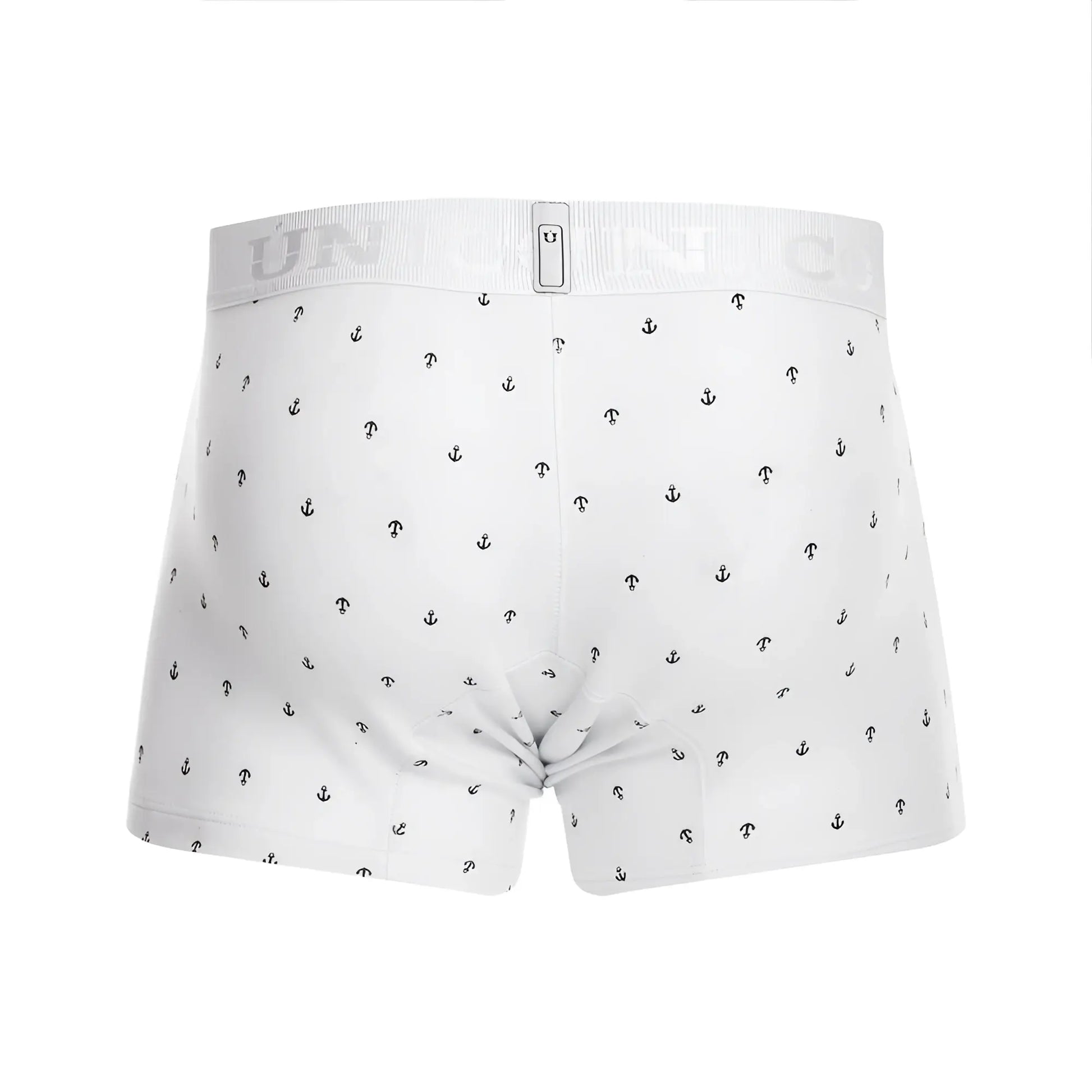 White boxer briefs unico 22110100101 naviero trunks with black anchor pattern and ribbed waistband logo in white color