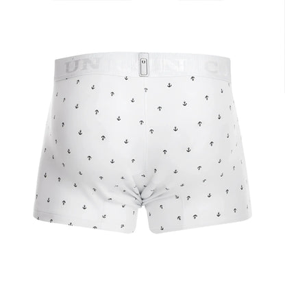 White boxer briefs unico 22110100101 naviero trunks with black anchor pattern and ribbed waistband logo in white color
