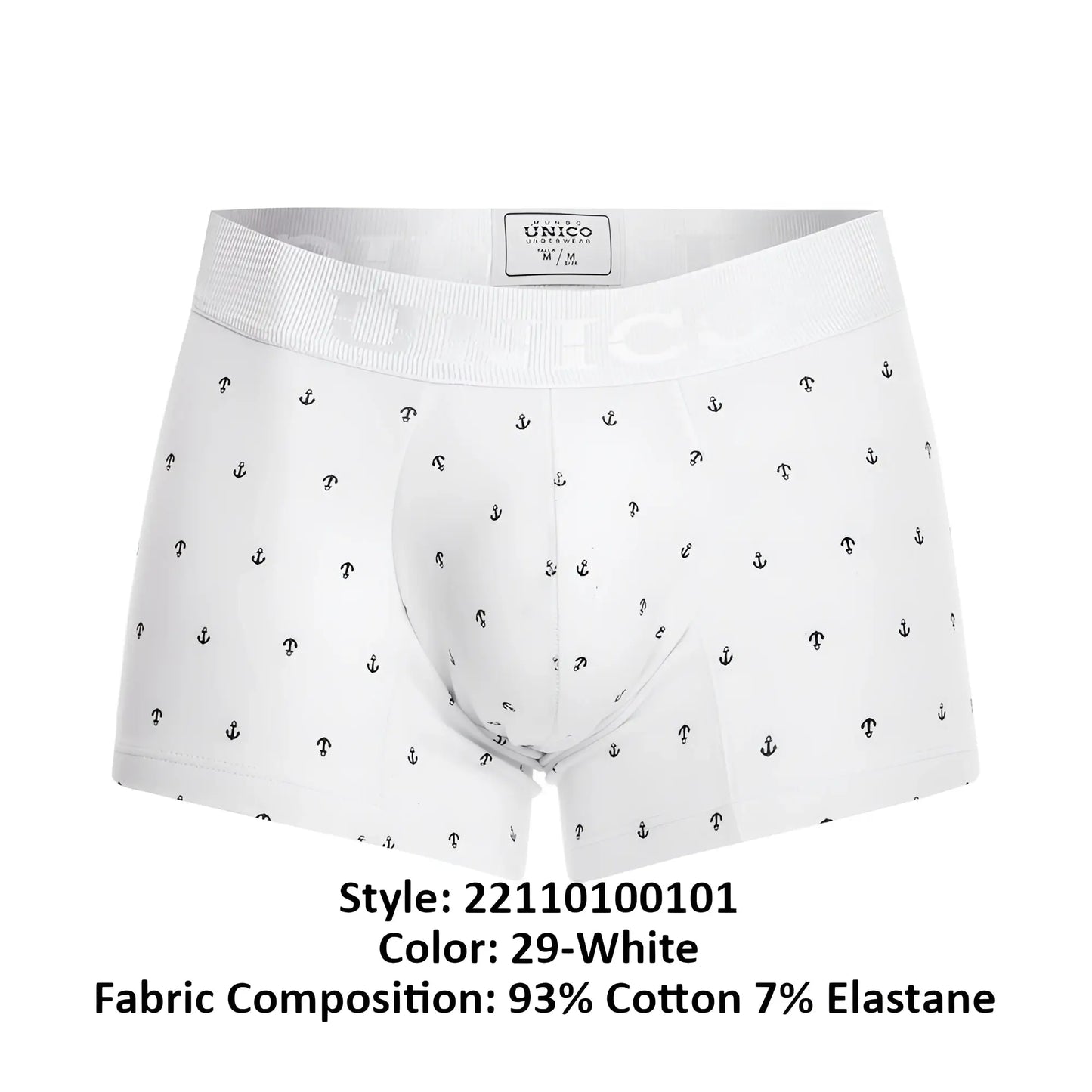 White men’s boxer briefs unico 22110100101 naviero trunks color 29-white with black anchor and question mark pattern made of 93 cotton 7 elastane