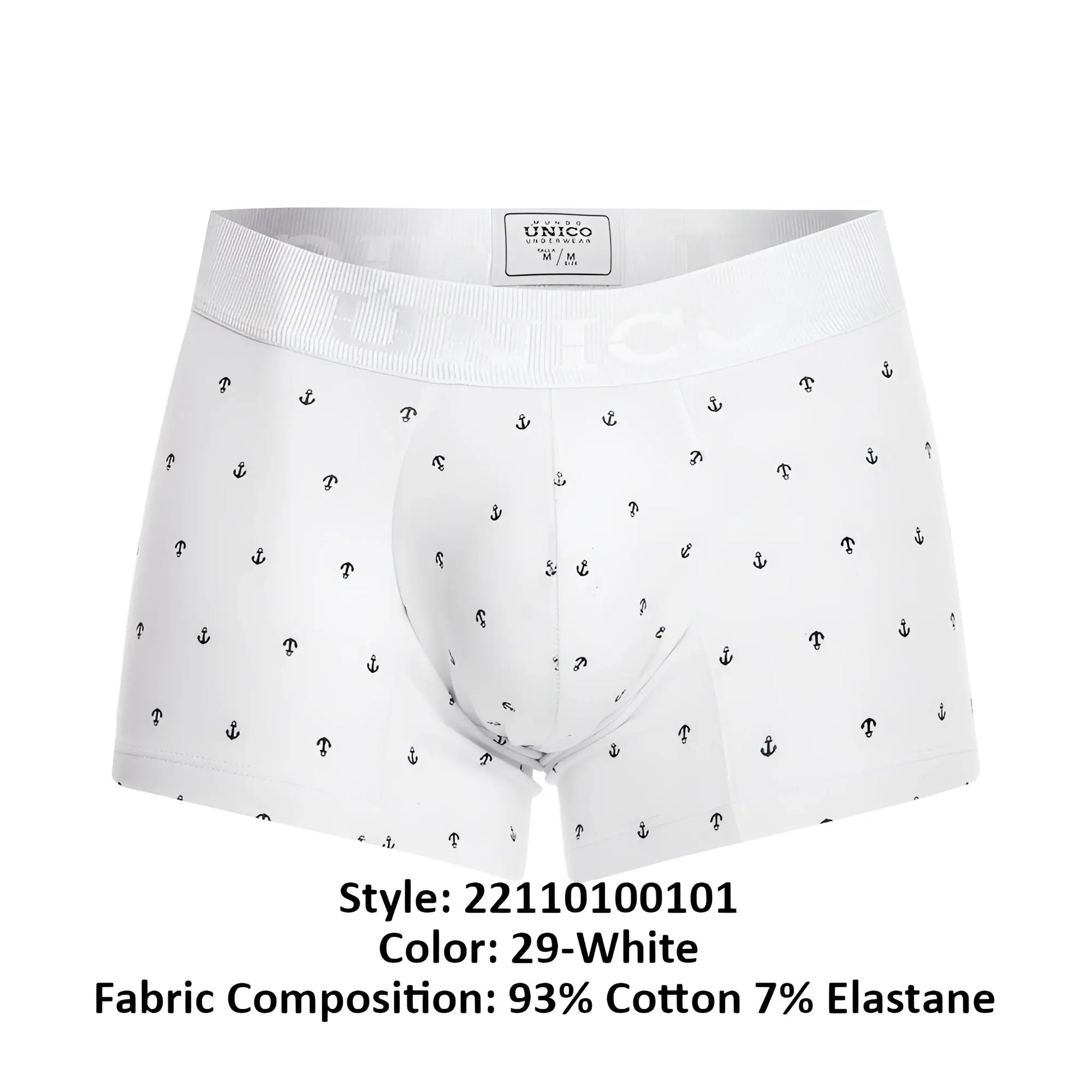 White men’s boxer briefs unico 22110100101 naviero trunks color 29-white with black anchor and question mark pattern made of 93 cotton 7 elastane