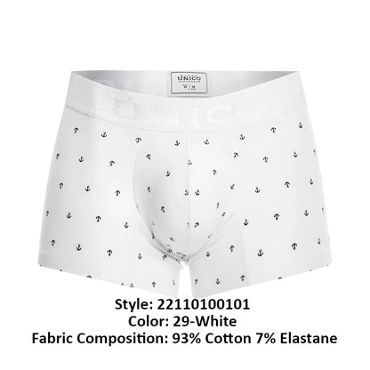 White men’s boxer briefs unico 22110100101 naviero trunks color 29-white with black anchor and question mark pattern made of 93 cotton 7 elastane