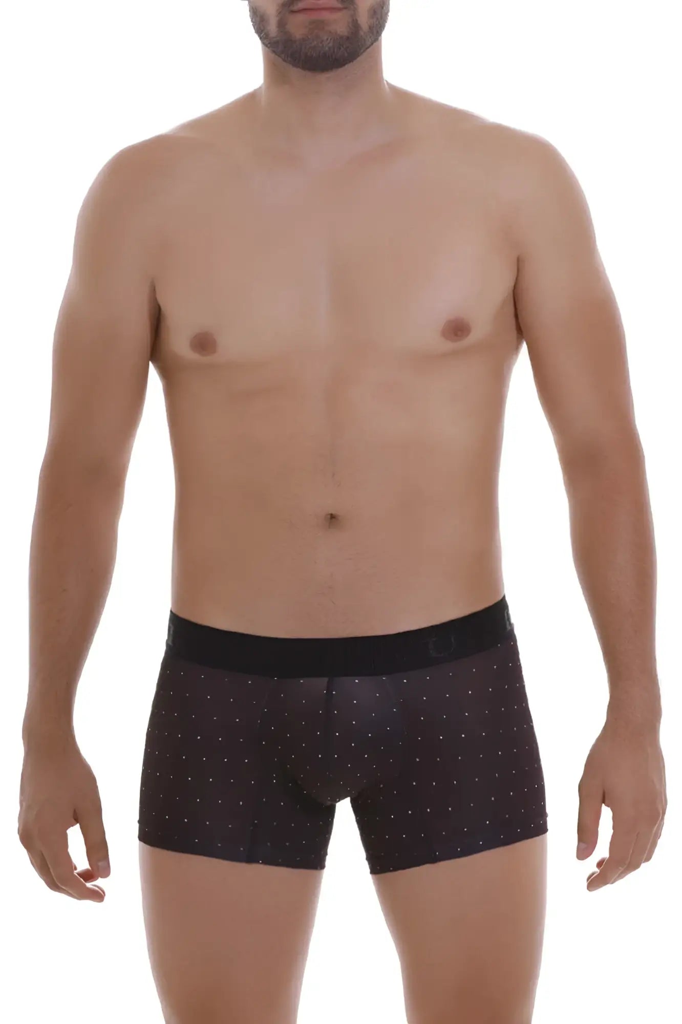 Black Unico Astros trunks with subtle white dot pattern and matching black elastic waistband for comfortable fit