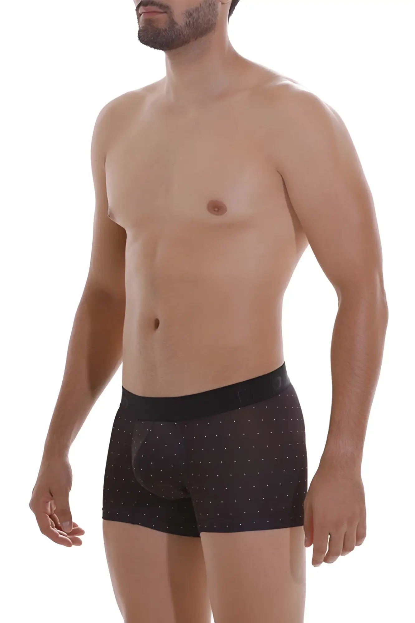 Unico Astros trunks black boxer briefs with subtle white dot pattern and solid black waistband front view