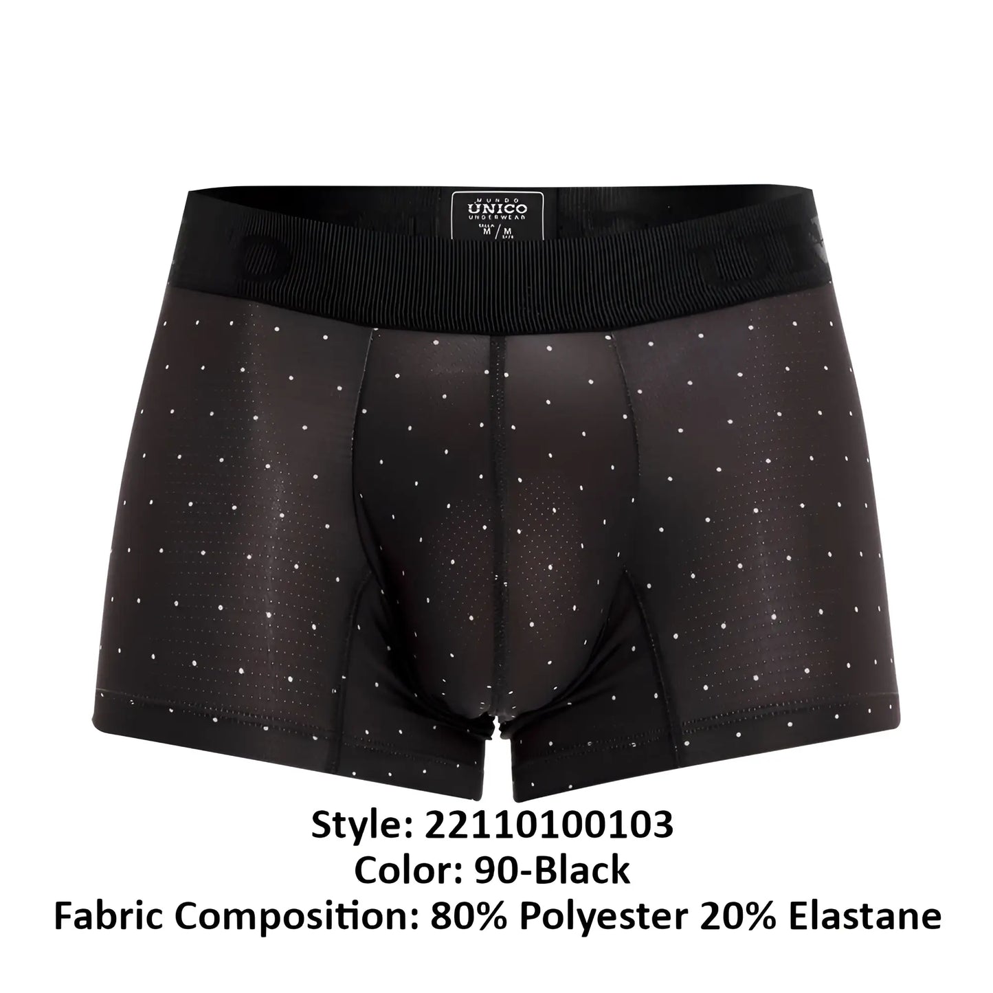 Black unico men’s boxer briefs with subtle white polka dots and ribbed waistband in color 90 black astros trunks