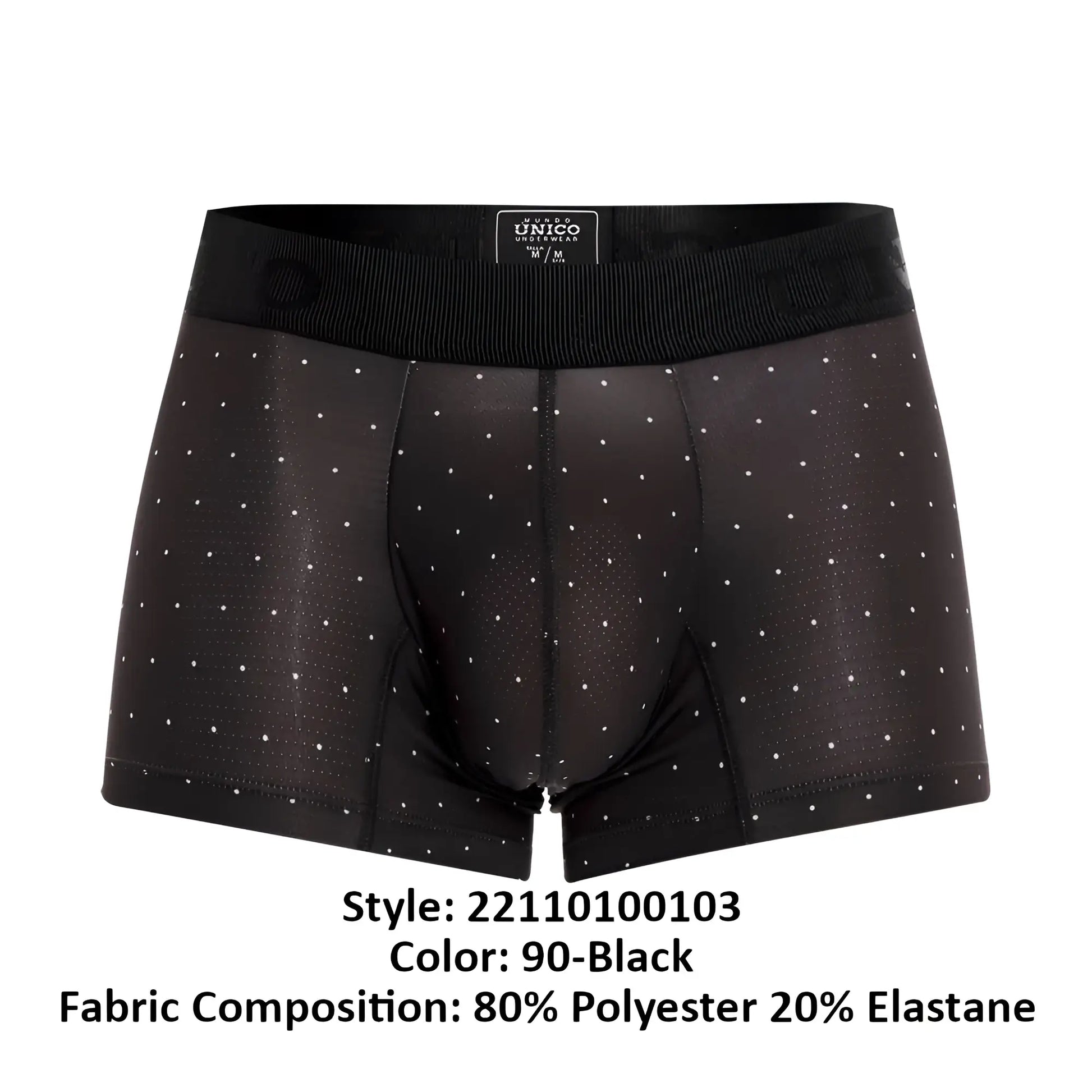 Black unico men’s boxer briefs with subtle white polka dots and ribbed waistband in color 90 black astros trunks