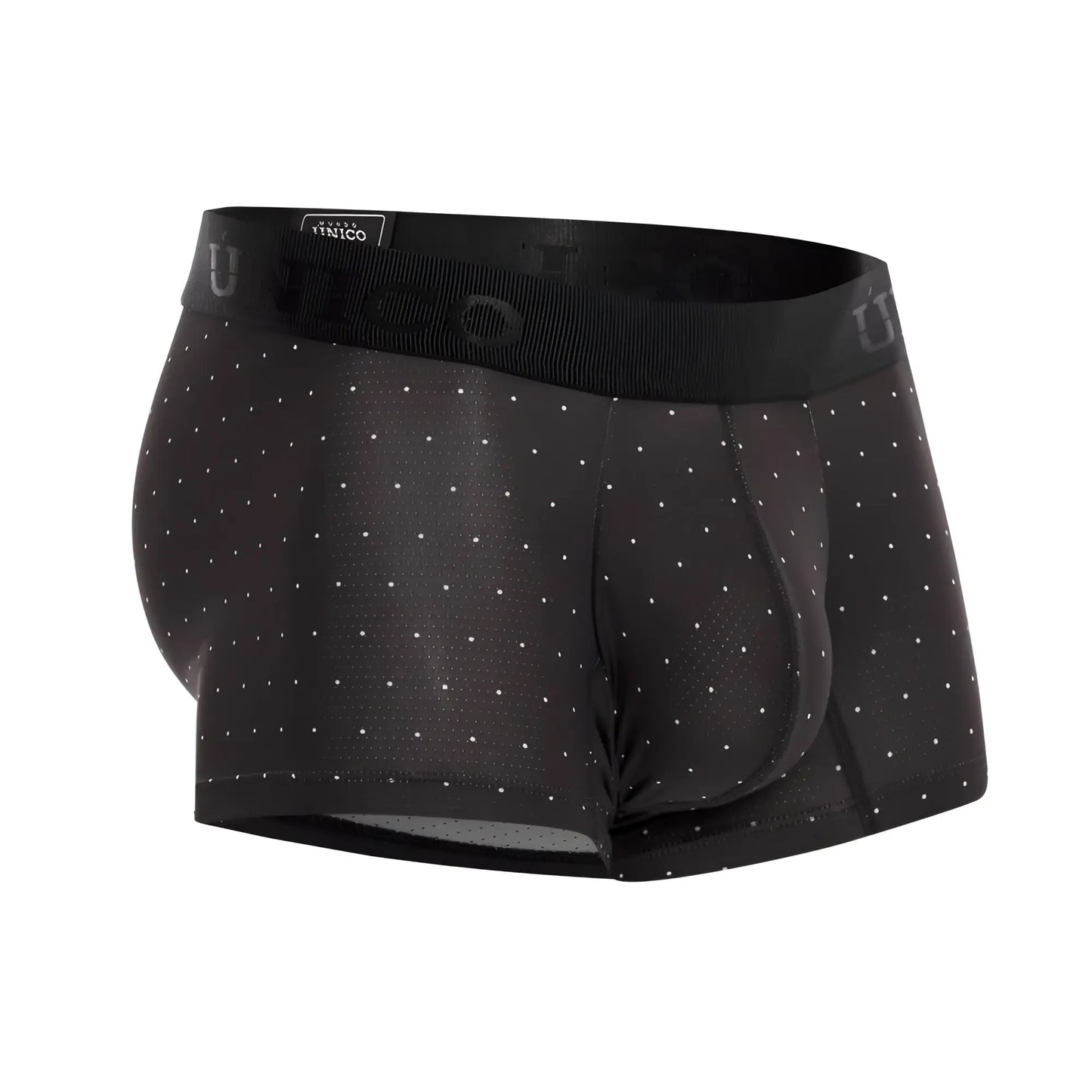 Black men’s boxer briefs unico 22110100103 astros trunks color 90 black with subtle white polka dots and branded waistband