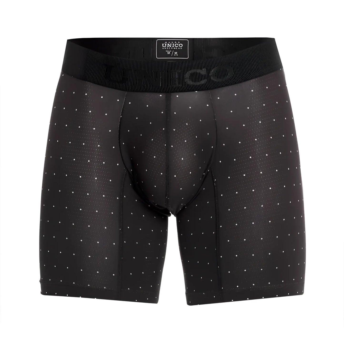 Black unico astros boxer briefs with subtle white polka dots and ribbed waistband in color 90-black front view