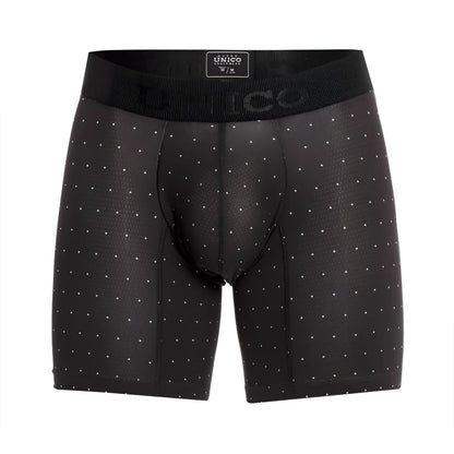 Black unico astros boxer briefs with subtle white polka dots and ribbed waistband in color 90-black front view